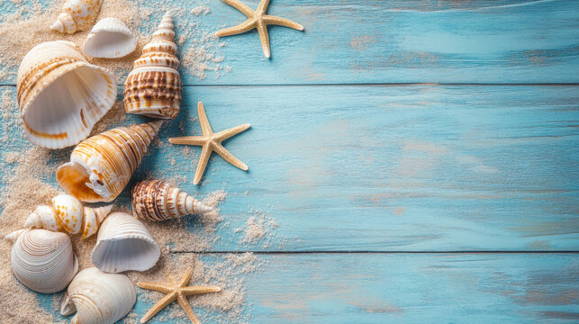 Summer concept featuring sea shells and starfish on a blue wooden background with sand. 