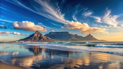 Obraz premium Scenic view of Table Mountain in Cape Town, South Africa from Blouberg, Landmark, Table Mountain, Cape Town, South Africa