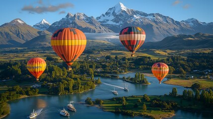 Fototapeta premium Hot air balloons drifting above New Zealand's breathtaking landscapes, from beaches to mountains..