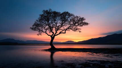 An impressive single tree stands in calm water against a backdrop of mountains during sunrise, with the sky painted in soft hues of bluish-pink and purple.
