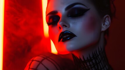 A beauty setup featuring a model in spooky Halloween makeup and clean sharp lines