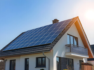 Fototapeta premium A modern residential house equipped with rooftop solar panels, capturing sunlight for renewable energy, showcasing sustainable living and eco-friendly architecture.