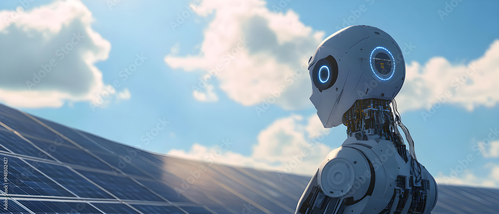Poster A high-tech robot overseeing a large solar and wind energy farm, demonstrating the integration of robotics in sustainable power generation in a remote environment.