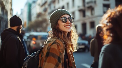 Fototapeta premium Woman in a beanie and sunglasses smiling on a busy city street, capturing the essence of urban life and casual fashion.