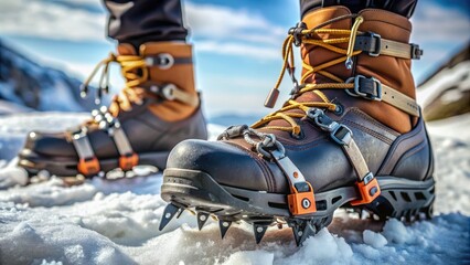 metal ice cleats strapped to rugged waterproof boots, providing traction and stability on snowy and icy outdoor adventure terrain.