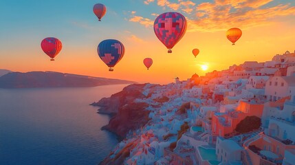 Obraz premium Hot air balloons drifting above Santorini, offering views of stunning sunsets, white-washed buildings, and clear waters..