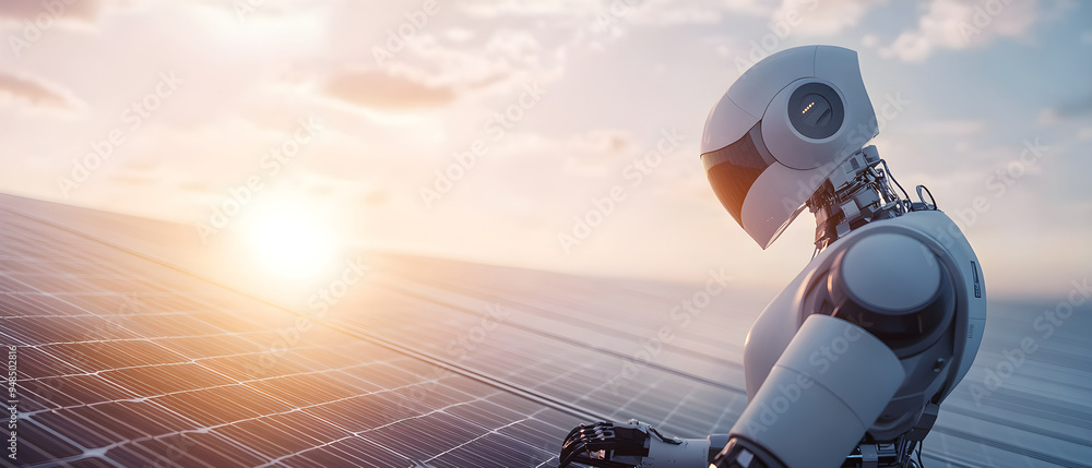 Poster A sophisticated robot working in a cutting-edge renewable energy farm, showcasing advanced technology in solar and wind power generation.