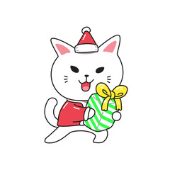 Merry christmas cute cartoon cat with gift box for design.