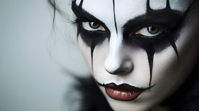 A detailed shot of a model's face with sharp clean Halloween makeup