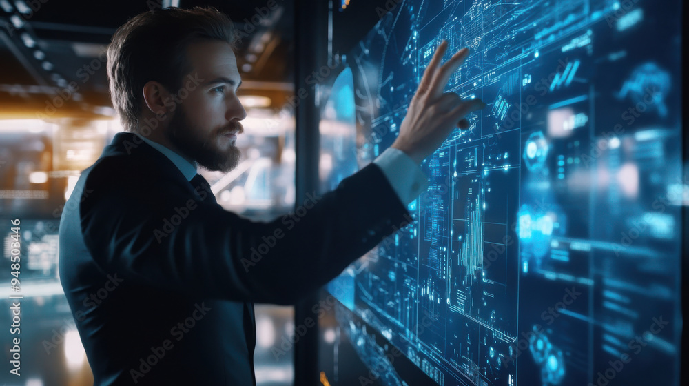 Poster executive interacting with an advanced touch screen with a futuristic interface, virtual tech