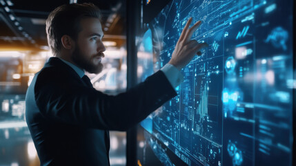 Executive interacting with an advanced touch screen with a futuristic interface, virtual tech