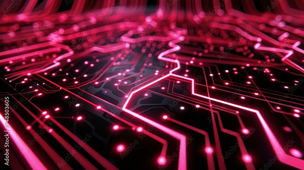 Poster abstract pink circuit board pattern with glowing lines on a dark background, creating a futuristic t