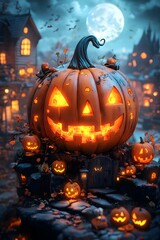 Fototapeta premium Pumpkin and Moon: A 3D isometric cartoon pumpkin glowing under the light of a full moon, surrounded by soft shadows and Halloween decorations.