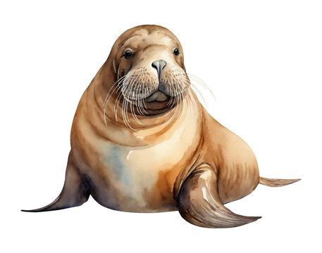 watercolor sea lion, brown, sitting, white background clip art preview
