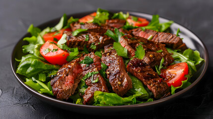 Plate Steak Salad With Lettuce And Tomatoes
