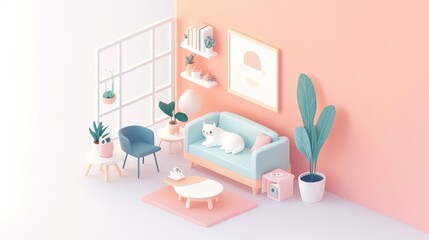 Fototapeta premium Charming isometric room with kawaii elements. Cozy, pastel colors, a relaxed cat, minimalistic furniture, and indoor plants.