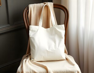 A blank tote bag mockup on a vintage wooden chair, with a soft fabric draped over the chair, creating a cozy atmosphere create with ai