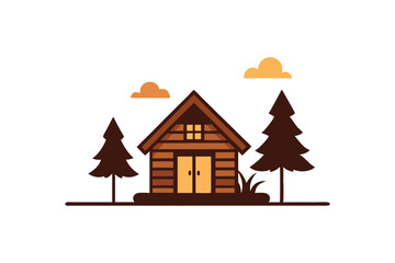 Cartoon-style vector of a cozy wooden cabin in a serene landscape, ideal for branding and decor.