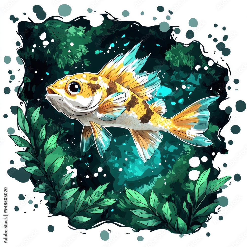 Canvas Prints colorful fish with green plants watercolor illustration