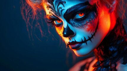 A model with detailed Halloween makeup in high-contrast lighting