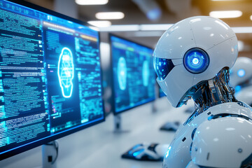 Fototapeta premium Artificial intelligence robots working in an office, data center with computers and screens displaying information