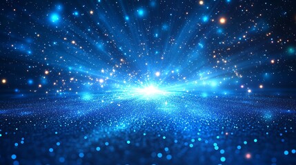 Obraz premium A mesmerizing cosmic blue background with sparkling stars and light bursts, creating a magical and dreamy effect in the universe.