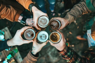 A group of male and female friends In a stylish hat, have fun in a party atmosphere. along with a couple holding beer glasses to celebrate St. Patrick's Day