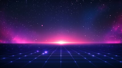 A stunning retro-futuristic landscape with neon grid lines extending towards a glowing horizon. Ideal for sci-fi or digital art themes.