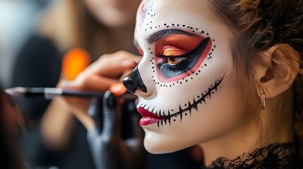 A close-up of a model getting Halloween makeup applied with sharp clean lines
