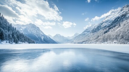 Obraz premium A breathtaking frozen lake surrounded by snow-covered mountains and pine trees under a bright blue sky with soft, fluffy clouds.