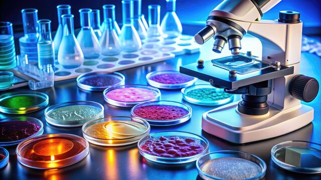 Microscope slide with stained tissue samples under bright laboratory lighting, surrounded by petri dishes, gloves, and medical equipment, representing scientific research and discovery.