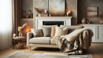 Beige sofa with plaid and fur cushion against of fireplace. Hygge, scandinavian interior design of modern living room