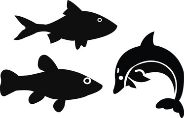 Fish icon, black silhouette,. Fisheries logo, symbol, water