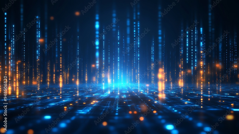 Poster abstract digital background with glowing blue and orange lines and dots representing data, technolog