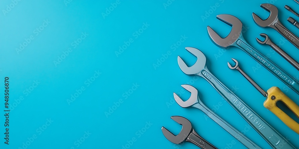 Wall mural Set of wrenches on a blue background.