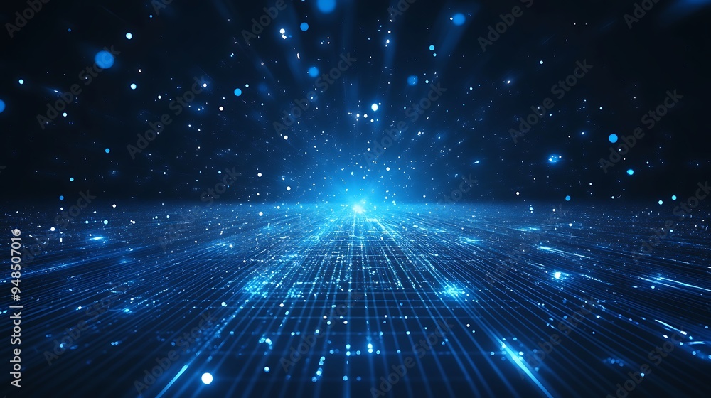 Poster abstract digital blue data space background with glowing light points and lines, representing techno