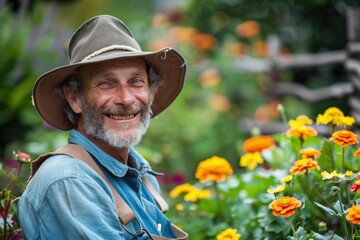 A young female gardener Cheerful, happy caring for lively flowers in the garden. Soft morning sunlight reveals the joy of organic gardening.