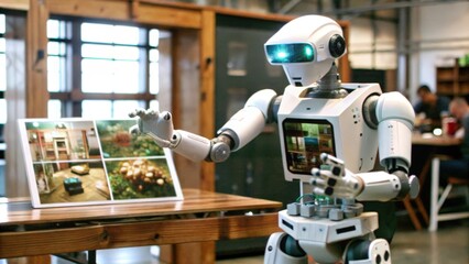 Fototapeta premium White humanoid robot pointing to a framed picture