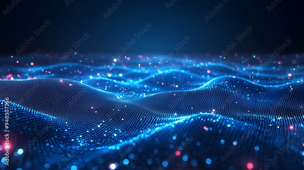 Poster abstract digital blue wave structure with glowing particles, representing data flow, communication, 