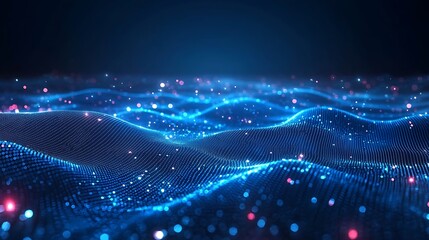 Abstract digital blue wave structure with glowing particles, representing data flow, communication, and technology concepts.