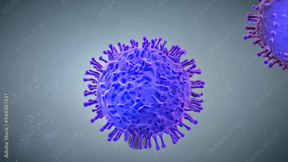 Poster a stylized representation of a virus, featuring a spherical shape adorned with spikes.