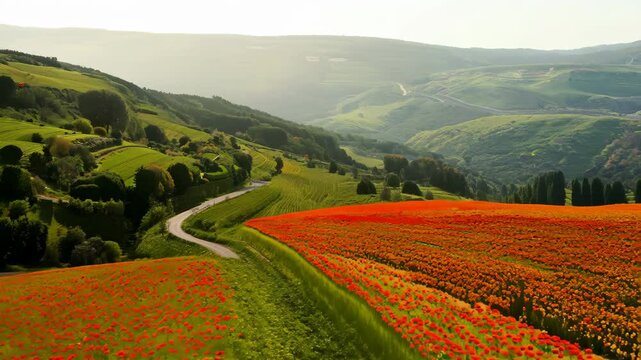 stunning landscape showcases rolling hills and vibrant fields, highlighted by a striking patch of red flowers, possibly tulips. Soft natural light bathes the scene, hinting at dawn or dusk.