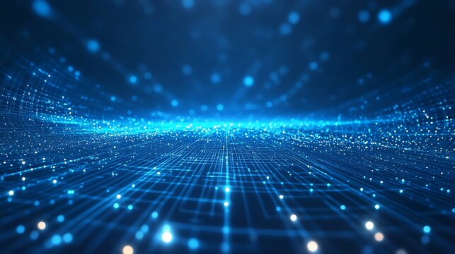 Abstract digital data network background. Futuristic blue matrix grid with glowing particles and light. Sci-fi technology concept.