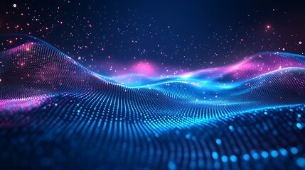 Abstract digital landscape with dynamic glowing particles and flowing waves in blue and purple hues. Futuristic technology background.
