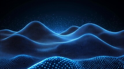 Abstract digital landscape with glowing blue dots and wavy mesh representing futuristic technology or data visualization.
