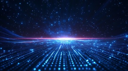 Fototapeta premium Abstract digital landscape with glowing blue lights and a futuristic horizon. Ideal for technology and innovation concepts.