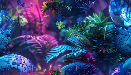 Plant interwoven with neon jigsaw pieces on a globe, 3D, retro, neon blue and pink, intricate design