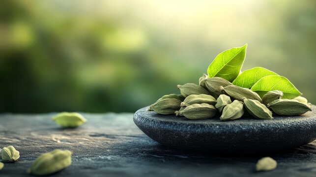 A close-up of aromatic cardamom seeds on a stone plate, surrounded by fresh green leaves, showcasing nature's bounty.