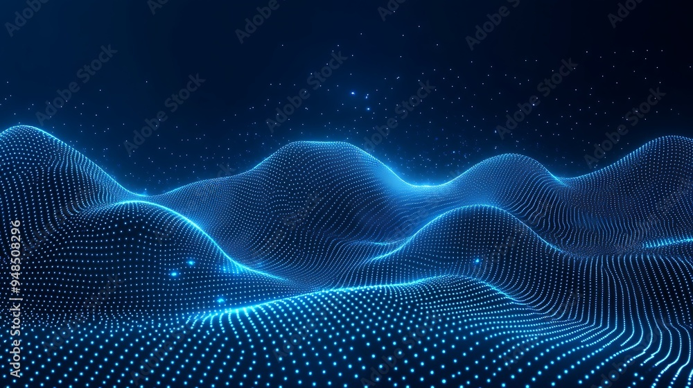 Poster abstract digital landscape with glowing blue lines and dots forming hills on a dark background, repr
