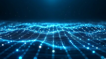 Abstract digital landscape with glowing dots and lines, representing data flow in a 3D space, futuristic technology background.